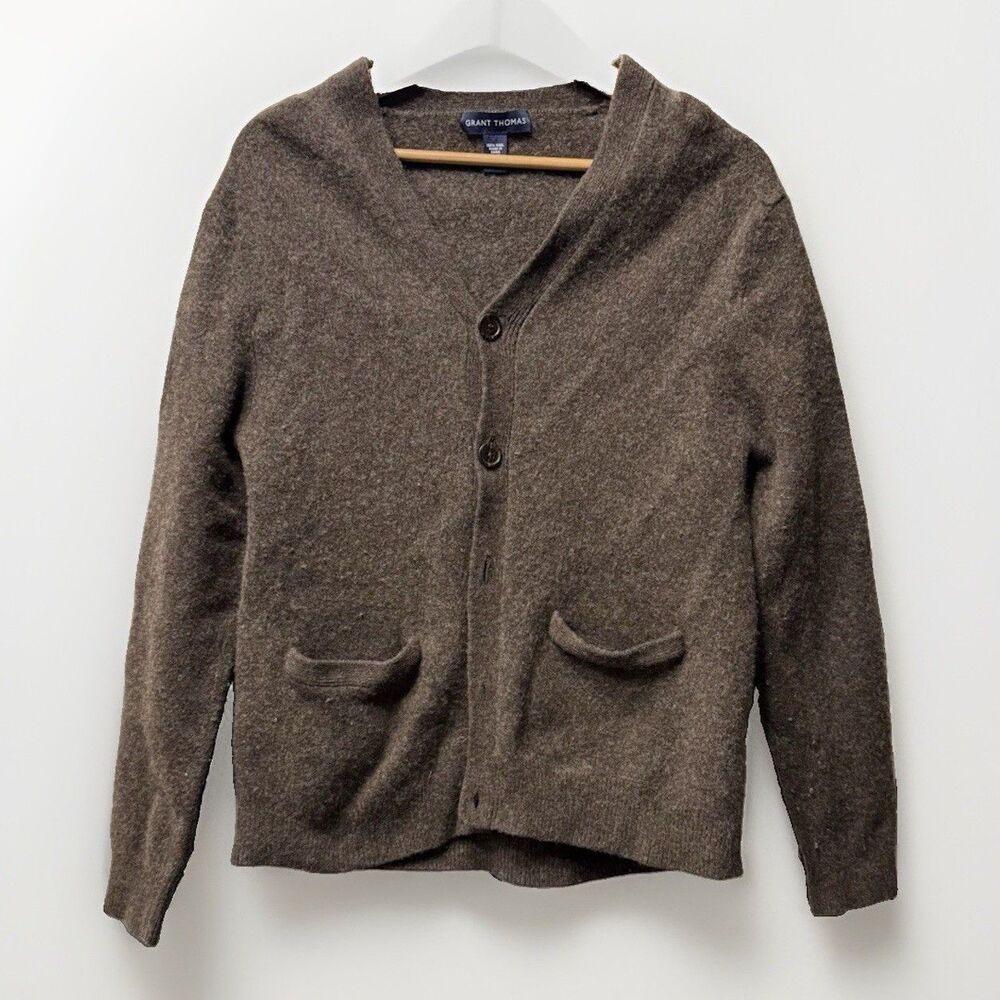 Vintage Grant Thomas Men's Wool Knit V-Neck Button Cardigan Sweater Pockets 2XL